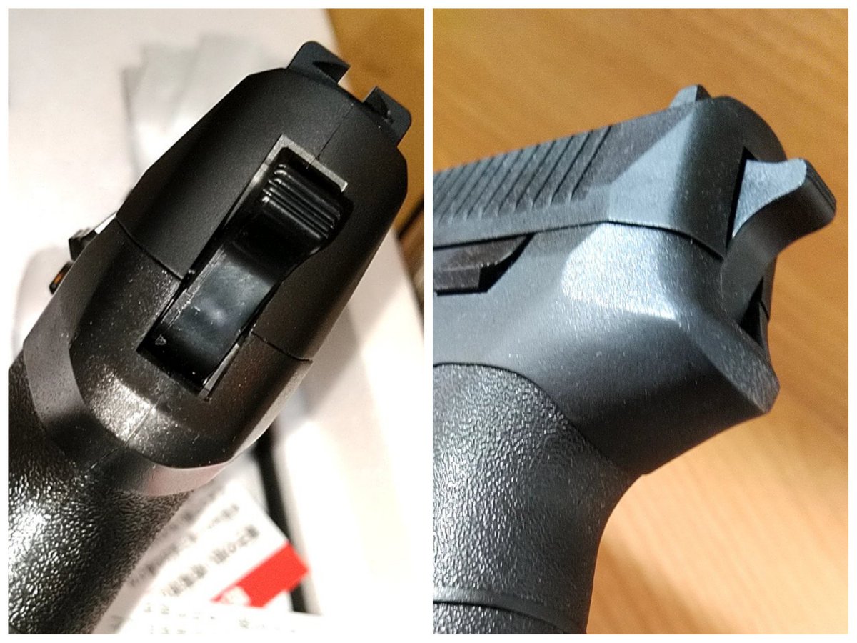 builder283's tweet photo. お約束のペーパー掛け合わせ目消し、リアルタッチマーカー調色、つや消しトップコート、フロントサイトにホワイト差し色、シリコンスプレー磨きだけですが見た目重視なのでこれで存分🥰 #SIGPRO #SP2340 #東京マルイ #10禁 #電動ブローバック https://t.co/A5zhmpIsM2