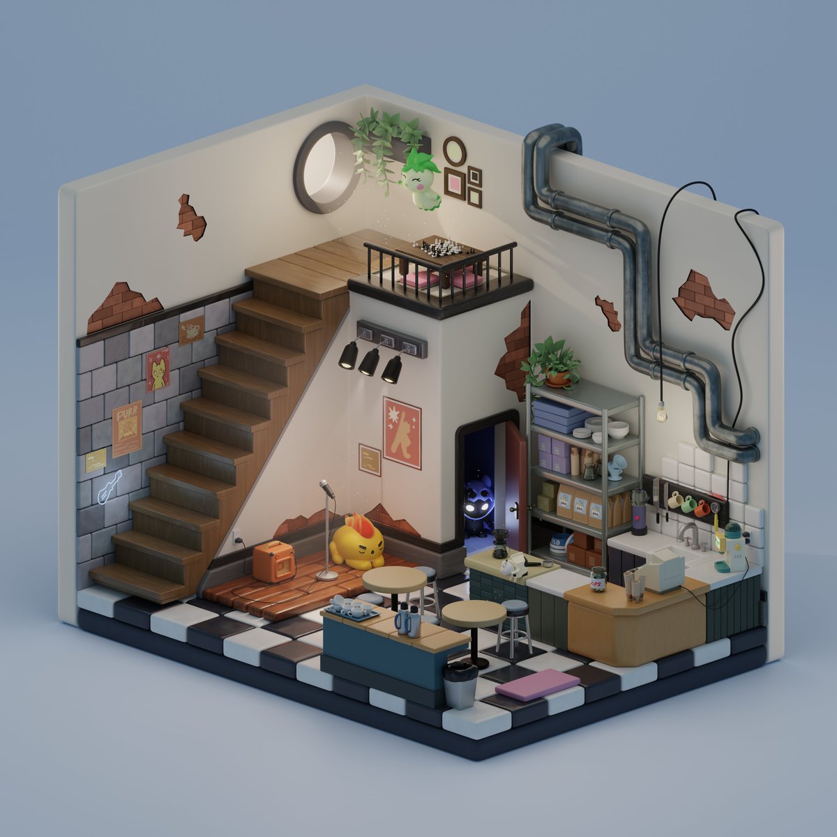 MoonIsTheEnemy's tweet image. Here is my entry for #Clontest2024! I made a 3d model of The Milk Chug, featuring Milo, Bones, Chugs, and Sage! I learned a lot making this. Will post some other stills below. @coolcats
