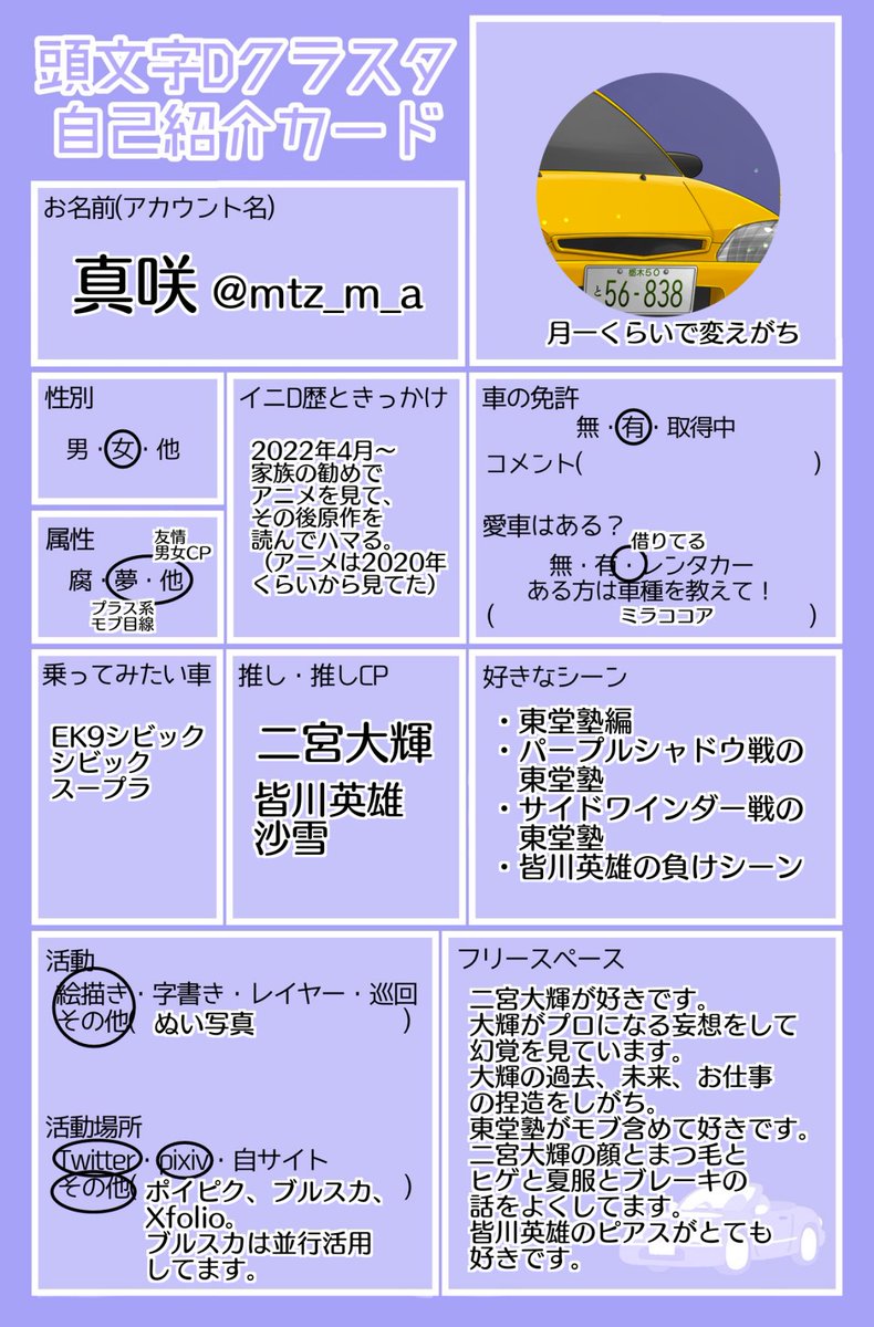 頭文字Dクラスタ自己紹介カード 活動場所が少し変更になったので更新