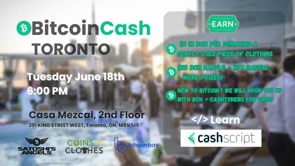 Join us June 18th for a CashScript focused Bitcoin Cash Meetup in Toronto! Discover the basics of smart contract scripting in BCH and earn prizes / BCH just by attending! meetup.com/bitcoincashtor…