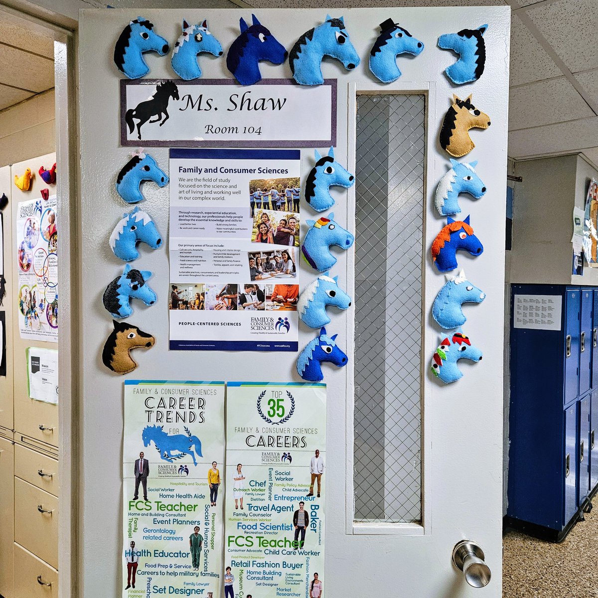 Today was the last day of school for students. Student #mustang projects decorated my door throughout the year. The projects remind me of how creative, unique, and diverse my students are! 🐴 #HandSewn 🧵🪡 #Individuality 🐎 #HomeOfTheMustangs #UltimateClassroomExperience