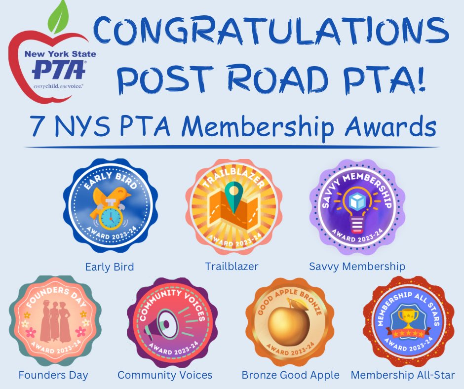 Post Road PTA (@postroadpta) on Twitter photo We are excited to share we received 2 awards from NYS PTA. Bronze Apple for growing membership 25% over last year. All-Star award for receiving 5+ awards this year. Thank you to everyone for the incredible year! 🐯💚
<a href="/DrJosephRicca/">WPCSDSuper</a> <a href="/postroadschool/">Post Road School</a> <a href="/PRlibrarylady/">Post Road Library Media Center</a> <a href="/RSpedafino/">Mr. Spedafino</a> We are excited to share we received 2 awards from NYS PTA. Bronze Apple for growing membership 25% over last year. All-Star award for receiving 5+ awards this year. Thank you to everyone for the incredible year! 🐯💚
<a href="/DrJosephRicca/">WPCSDSuper</a> <a href="/postroadschool/">Post Road School</a> <a href="/PRlibrarylady/">Post Road Library Media Center</a> <a href="/RSpedafino/">Mr. Spedafino</a>