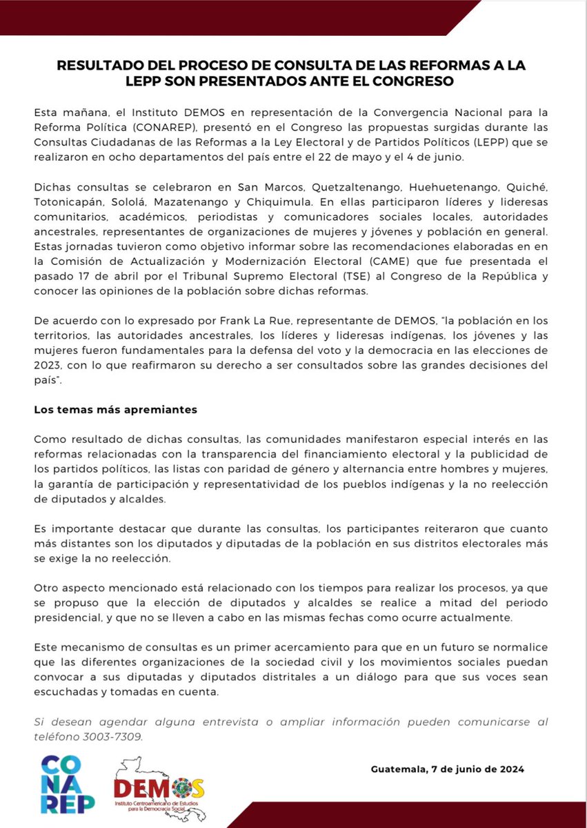 demos_i's tweet image. COMUNICADO | Hoy presenta en el @CongresoGuate las propuestas sugeridas durante las #ConsultasCiudadanas de las Reforma a la #LEPP que se realizaron en ocho departamentos.

Compartimos más detalles aquí 👇🏽📄