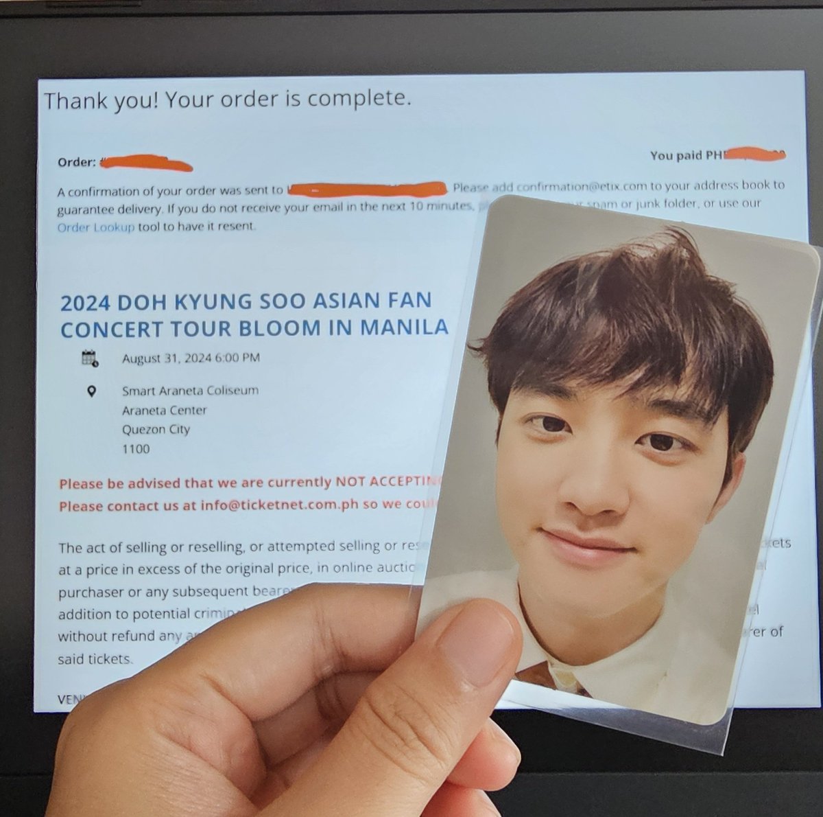 liezcheltiu's tweet photo. It is one of the smoothest ticket buying I have experienced by far. At 12:17 p.m., we secured our tickets 🫰
#DOHKYUNGSOO #FANCONCERT_BLOOM #COMPANYSOOSOO #EXO #MANILA

@lush_cncy @JustineTiuTiu https://t.co/mAMuTKmSRs