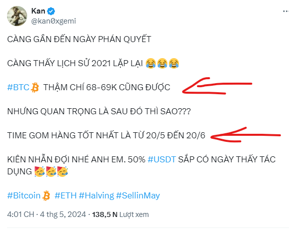 kan0xgemi's tweet photo. #Market  #ALTCOIN #BTC #ETH 

Note: Vui lòng đọc để hiểu và dùng tư duy sâu chuối vấn đề cho đúng chứ đừng đọc nửa vời rồi thể hiện luôn sự thiếu văn hóa, văn minh của các bạn. Người và chó khác nhau ở bộ não và cách xử lý hành động 😁😁😁

Chưa biết view #BTC và #ETH của mình có đúng hay không nhưng thật sự để tìm một người view xanh chín và kiên định như mình không phải chuyện dễ dàng (Rất ít anh em có thể duy trì việc này vì việc xanh chín đúng thì không sao, nếu sai thì sẽ bị các thành phần vô học toxic rất khủng khiếp, không phải ai cũng chịu được áp lực khi mà đưa nhận định cá nhân lên)

Mình là dân thuần PTKT nên chỉ mình hành động và làm đúng những gì chart nói, không quan tâm quá nhiều mọi thữ xung quanh, có thể đôi khi PTKT bị lừa nhưng bất kể một phương pháp nào cũng thế thôi, mọi thứ luôn là sắc xuất, nhưng mình tin tưởng vào thứ phương pháp đã hình thành với các trò chơi money game từ suốt thế kỉ 17-18 đến giờ.

Out ra là out, out bao nhiêu % cũng rõ ràng, mua bao nhiêu, nhập hàng bao nhiêu % rõ ràng. Việc mua đi bán lại tối ưu như thế nào mình cũng rất xanh chín và cập nhật chi tiết từng câu từng chữ trong các nhận định. (Làm ơn hãy đọc thật kĩ các nhận định và hiểu chi tiết nó, đừng đọc qua loa vài chữ thấy view xuống là khịa nọ khịa chai). Cập nhật ngày 30/05/2024 mình cũng rất xanh chín khi dám khẳng định chốt lời tất cả những con x2 x3 và đợi mua lại (tới đây thì anh em có thể dùng số tiền chốt lời đó dải múc dần lại rồi đó)

Mình biết việc view xuống trong giai đoạn này chắc chắn là nhiều người không thích. Nhưng đối với 1 thằng chuyên PTKT như mình thì mình chỉ nhìn chart để nói chuyện thôi.

Tại sao mình cứ hay lải nhải câu nói chart #BTC 3W cần đóng nến ATH bằng 1 cây full thân vững chắc trên 75k-80k là có lý do, và lý do như nào thì một số cập nhật và trong một số buổi live mình cũng đã giải thích rồi (Điều này thể hiện sự xác nhận của crypto về một xu hướng uptrend mạnh tiếp diễn, và đây là cú pump mạnh nhất mùa uptrend này). Hiện tại mình vẫn giữ nguyên nhận định về BTC-ETH.

Anh em có thể đối chiếu lại tất cả các chu kì trước sau khi xác nhận xu hướng uptrend tăng mạnh tiếp diễn thì giá gần như pump một cách điên cuồng. Khi xác nhận chúng ta vào full hàng cũng không có muộn đâu. (Check lại lịch sử sẽ thấy)

Còn chưa xác nhận thì rất nhiều thứ không lường trước được có thể xảy ra. Sao cứ phải vội vội làm gì. Sống vội đâu có giúp bạn có thêm được nhiều tiền mà rủi ro thì lớn hơn.

Suốt từ đầu tháng 5 mình nhận định time gom hàng đẹp nhất là 20/5-20/6. Mọi thứ vẫn trong tầm kiểm soát và nhận định của mình. Đến hôm nay 8/6/2024 nhiều altcoin vẫn lanh quanh cái đáy 15/4/2024 đấy thôi. 

Bản thân mình cũng đã gom dải dần altcoin chứ không quá cứng nhắc đợi #BTC test 48-52k mới bắt đầu vào hàng vì cấu trúc các altcoin khung W đang đại đa số đang cho thấy việc sẽ chạy mô hình vai đầu vai ngược. Vì vậy mình cũng đã giải ngân dần phần USDT đã out 50% ở đỉnh 72-73k tháng 3/2024. Nhưng mình sẽ chỉ sử dụng tối đa 50% phần USDT đó để gom lại dần cho đủ hàng chứ không giải ngân toàn bộ USDT (Anh em nên lưu ý chỗ này, phần này mình sẽ chờ cơ hội mua entry tốt hơn hoặc sẽ dùng fomo khi #BTC xác nhận uptrend tiếp diễn)

Đọc đến đây chắc nhiều anh em sẽ thấy vô lý vì nó ngược ngược, rõ ràng view #BTC -#ETH giảm mà lại múc altcoin đúng không. Cài này đọc lại câu cuối trong cái ảnh cập nhật ngày 30/5/2024 bên trên để hiểu nhé.

p/s: Hy vọng chúng ta sẽ sớm thấy mùa xuân altseason 😇😇😇😇😇