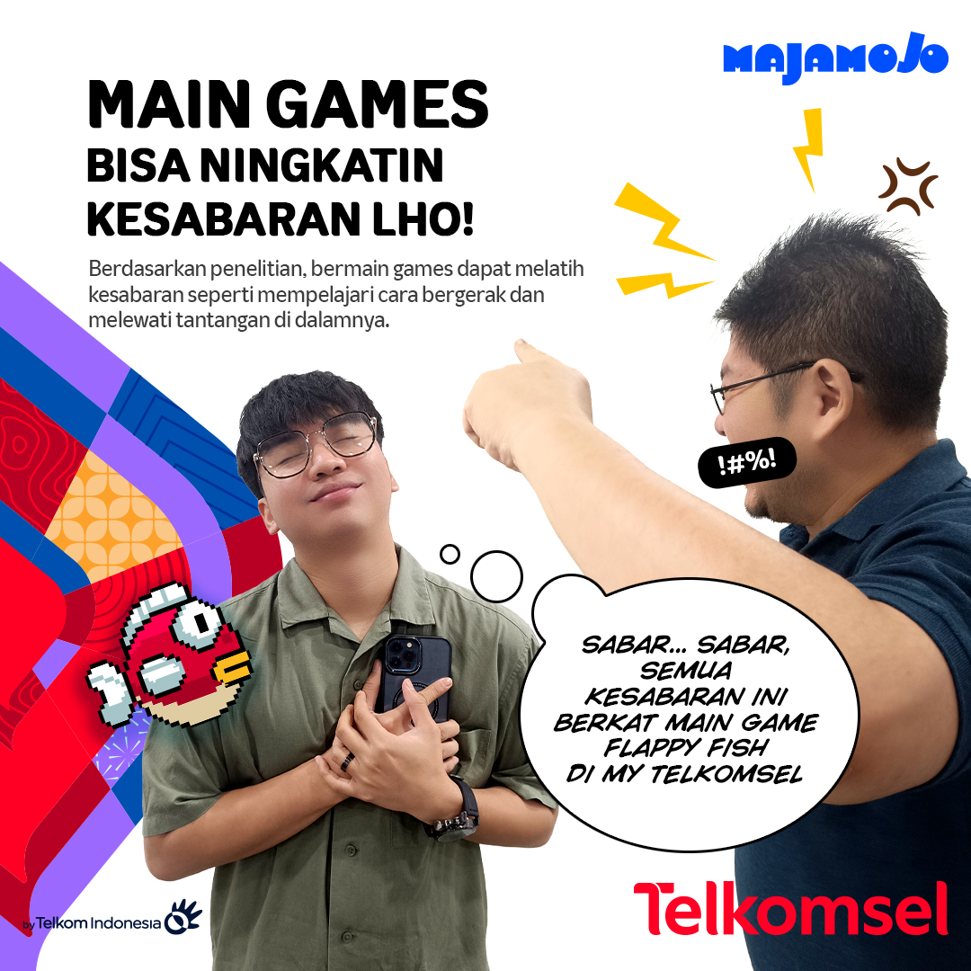 Telkomsel's tweet photo. Siapa bilang kesabaran nggak bisa dilatih? Main Flappy Fish di @MyTelkomsel, pelatihan kesabaran yang menyenangkan! Mulai dari setiap tap yang bikin deg-degan, sampe nahan emosi pas si ikan kepalanya nabrak pipa lagi! 

#MyTelkomsel #Telkomsel #Majamojo #FlappyFish https://t.co/gm4KsojOV8