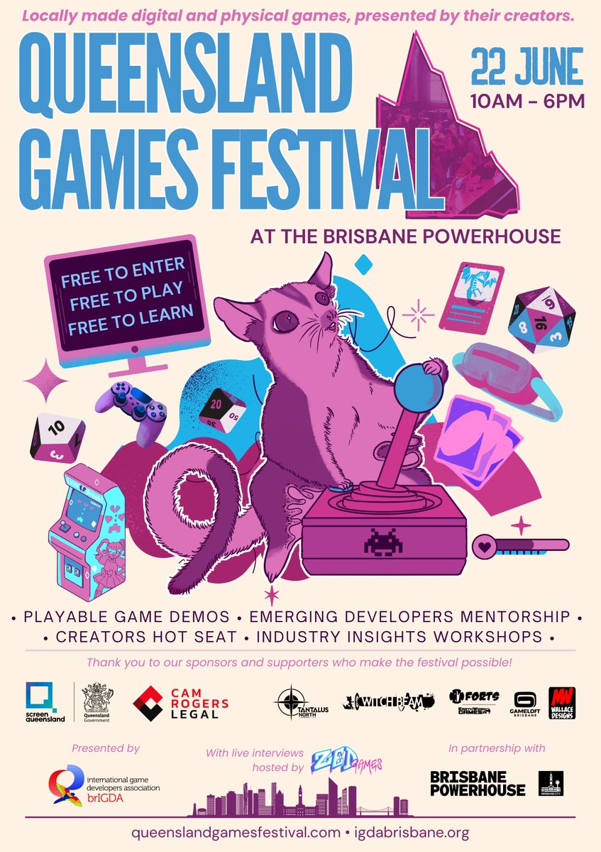 Only TWO more weeks to go before our annual #queenslandgamesfestival - here's a nice poster by <a href="/UncannyTitans/">Mei-Li @ 💀🛌</a> by way of a #screenshotsaturday that you can print and pin up for friends and family - see you there <a href="/zedgamesau/">Zed Games</a> <a href="/KotakuAU/">Kotaku Australia</a> #Brisbane #Gamedev <a href="/abcbrisbane/">ABC Brisbane</a>