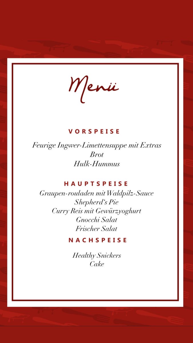 Ich feiere heute meinen Geburtstag mit meiner Family nach (hatte im März)
Und wir machen das Krimi-Dinner 
Kennt ihr das? 😌

Das wird unser Menü sein - komplett vegan 🌱