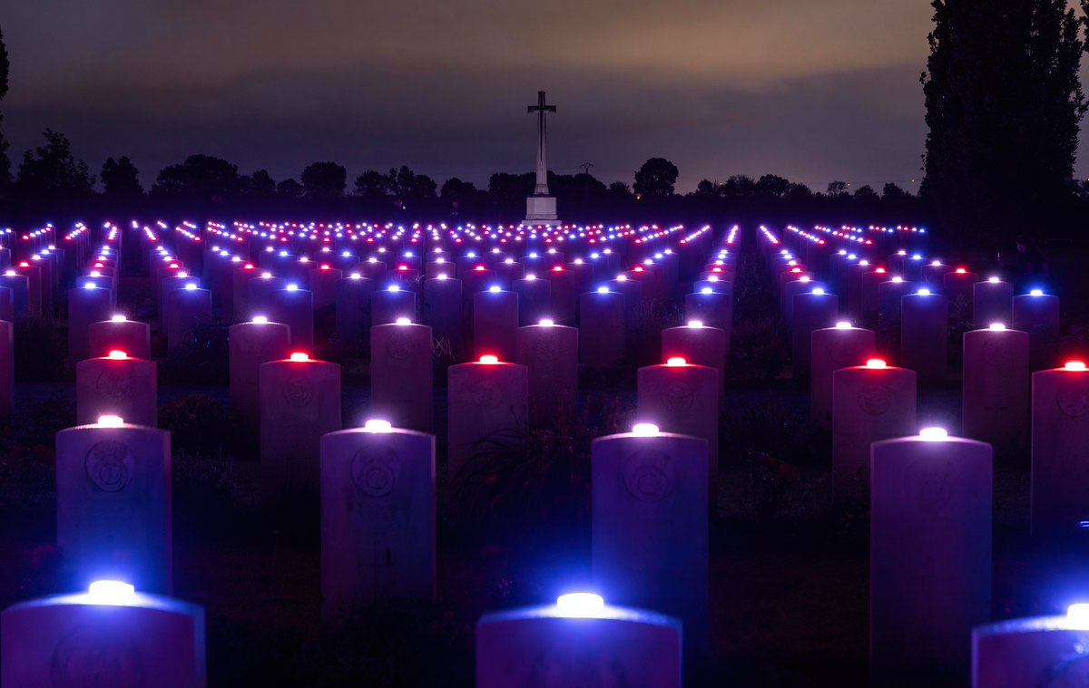 Over 2000 headstones in the #cwgc cemetery of Banneville-La-Campagne in Normandy are illuminated  lights as part of the “the great vigil” marking the 80th anniversary of the d-day landings #wargraves #illumination #TheTimes #DDay80thAnniversary #NormandyLandings