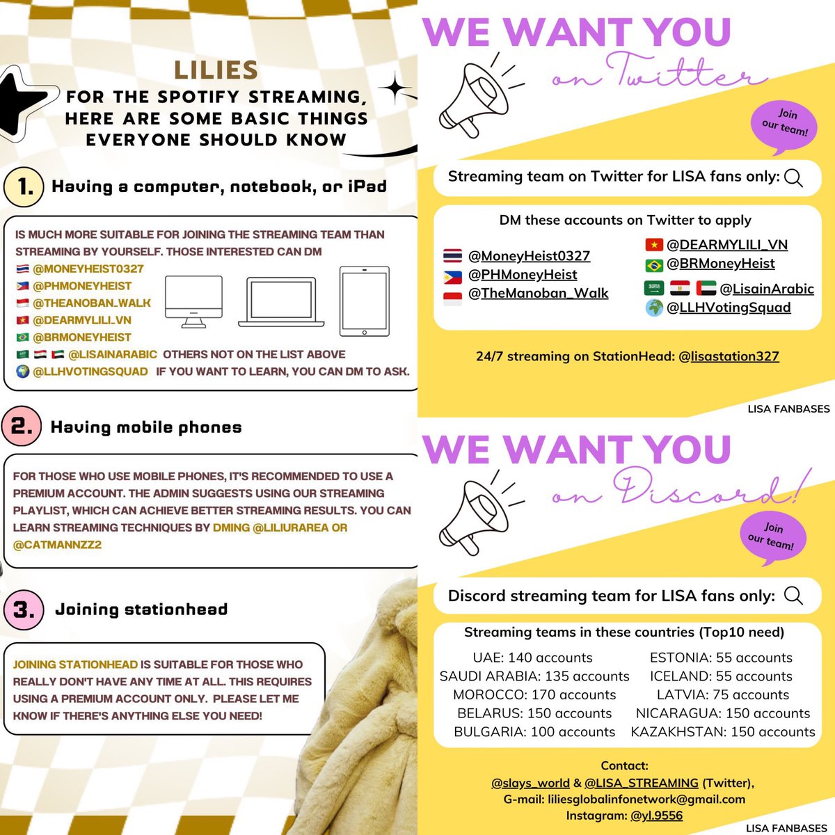 Don’t rely on just one or two fanbases to execute all action plans. Please support all fanbases and accounts working hard for LS2 preparation.

Contact our streaming teams for guidance and to join. We also have a Discord team.👇🏻💪🏻

LISA COMING SOON
#27FORLISA