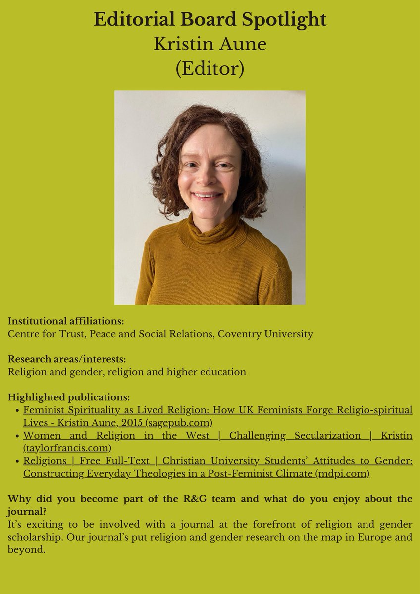 Religion and Gender Journal (@journalrandg) on Twitter photo 1/2 In this month's Editorial Board Spotlight, we're introducing Kristin Aune! <a href="/drkristinaune/">Kristin Aune</a> currently works as a professor at @CTPSR_Coventry at <a href="/covcampus/">Coventry University</a>, as well as being a member of R&G's editorial board. Kristin's main research areas include not only religion and gender... 1/2 In this month's Editorial Board Spotlight, we're introducing Kristin Aune! <a href="/drkristinaune/">Kristin Aune</a> currently works as a professor at @CTPSR_Coventry at <a href="/covcampus/">Coventry University</a>, as well as being a member of R&G's editorial board. Kristin's main research areas include not only religion and gender...