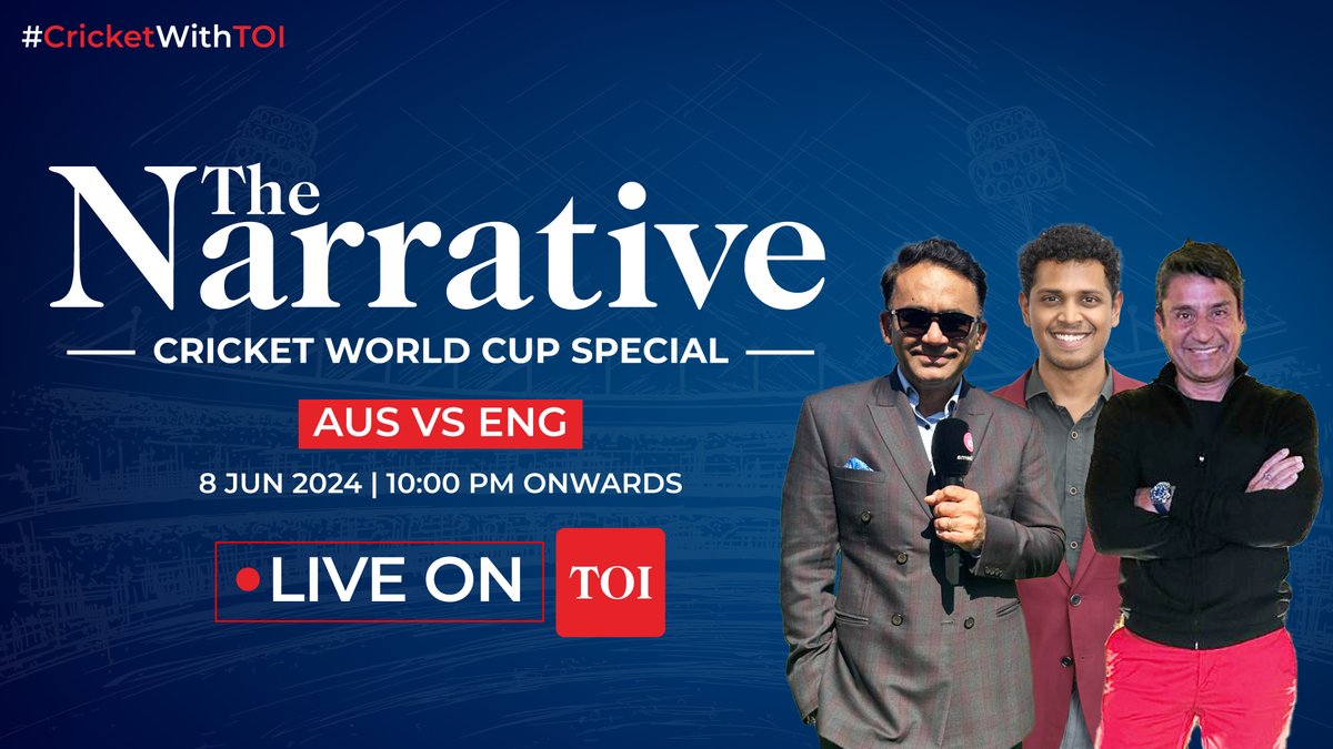 Catch <a href="/suhaas_vedham/">Suhaas Vedham</a> in conversation with <a href="/sabakarimm/">Saba Karim</a> and <a href="/vijdahiya/">vijay dahiya</a> as they bring you live updates from today's Aus vs Eng #T20WorldCup match starting 10 pm, only on TOI's #TheNarrative. 🎙️🏏
Know more: toi.in/BYEgEa