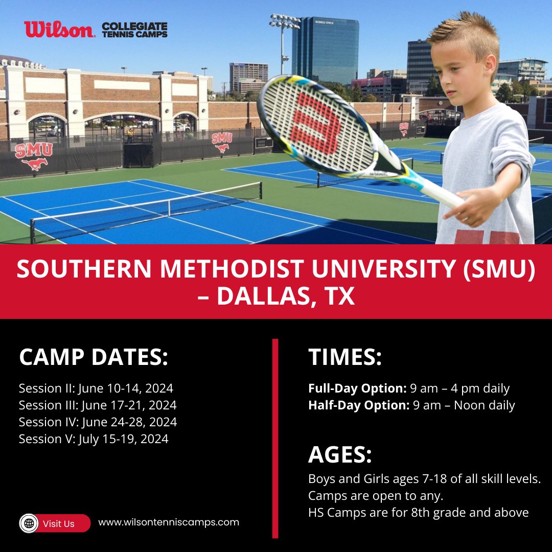 Wilson10sCamps's tweet photo. Join the ultimate tennis camps at SMU! Premier facilities, expert coaching, personalized instruction, and a fun, competitive environment. Sign up now for an unforgettable week of tennis. 
#WilsonTennisCamps 
https://t.co/6mRXc3vsVd https://t.co/CP00iZ4fjO