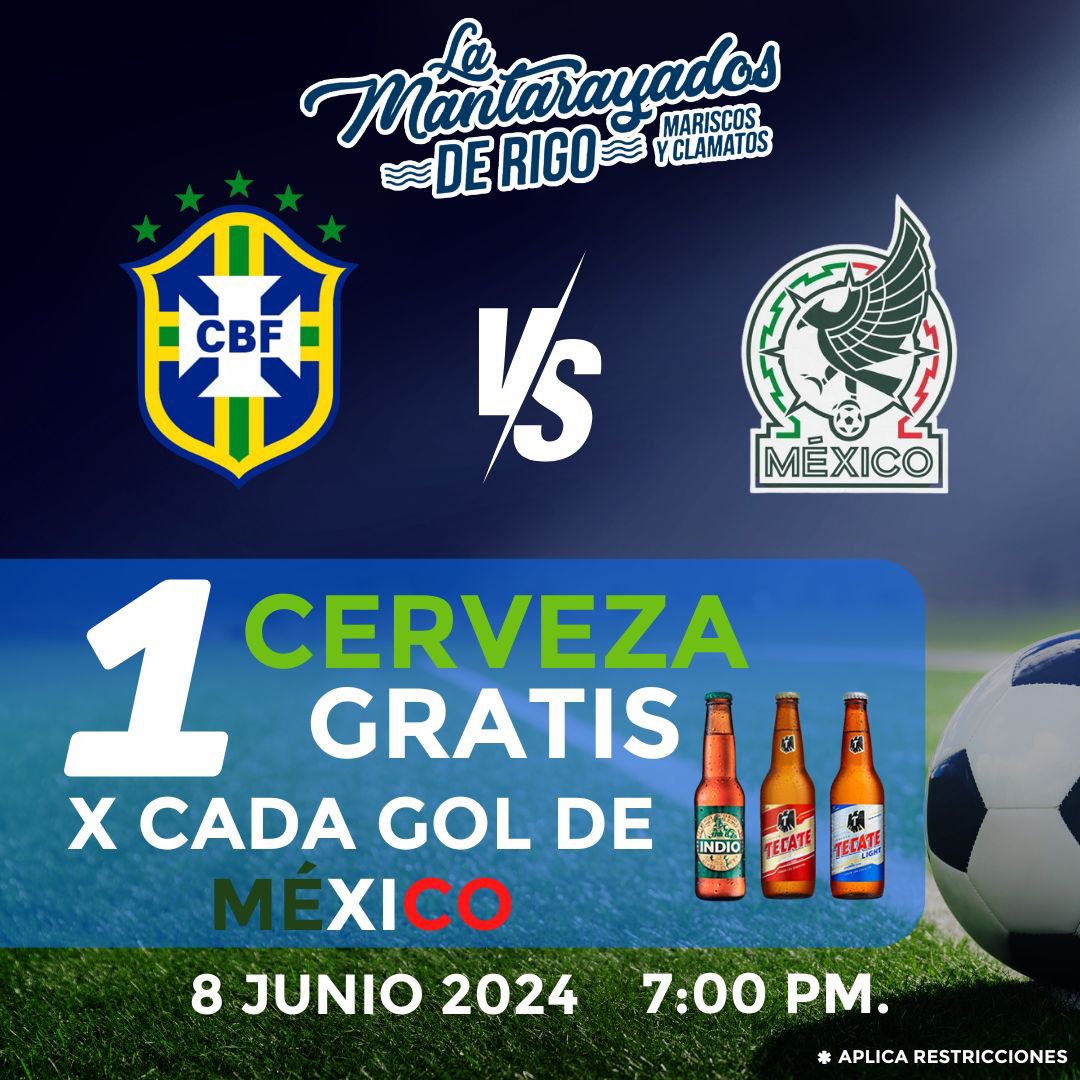 💥 Promoción 
CERVEZA POR GOL PARA CLIENTE CON CONSUMO
<a href="/MantaRayados/">Héctor Mario Garza</a> te regala una cerveza (TECATE, CARTA, INDIO)
⚽️ MÉXICO  vs  BRASIL   
👉 SÁBADO 8 de Junio 7:00 PM. 
Restaurante + Bar + Terraza + Asadores
lunes a domingo de 12:00 a 10:00 pm 
📞 T+81 2139 2084