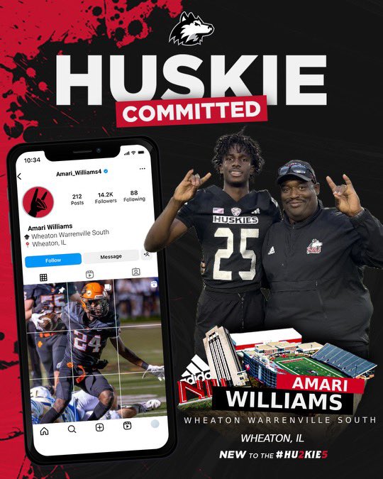 Amari Williams (@amari_williams4) on Twitter photo I am blessed and honored to say I have commited🔒to Northern Illinois University thanks for the amazing opportunity <a href="/CoachGigli/">Jordan Gigli</a> <a href="/CoachHawk__/">Joseph Hawkins</a> <a href="/NIUCoachHammock/">Thomas Hammock</a> <a href="/CoachAWang/">Andy Wang</a> <a href="/sean_norris_/">Sean Norris</a> <a href="/WWSFB/">Wheaton-Warrenville South Football</a> #gohuskies #NIU I am blessed and honored to say I have commited🔒to Northern Illinois University thanks for the amazing opportunity <a href="/CoachGigli/">Jordan Gigli</a> <a href="/CoachHawk__/">Joseph Hawkins</a> <a href="/NIUCoachHammock/">Thomas Hammock</a> <a href="/CoachAWang/">Andy Wang</a> <a href="/sean_norris_/">Sean Norris</a> <a href="/WWSFB/">Wheaton-Warrenville South Football</a> #gohuskies #NIU