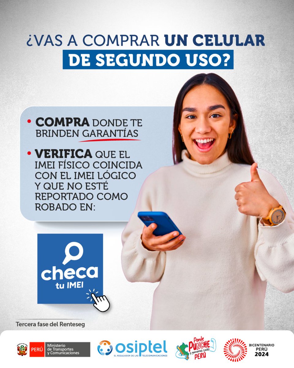 MTC_GobPeru's tweet photo. 📵 Adquiere equipos móviles en comercios formales. Si decides comprarlos de segundo uso, verifica que el IMEI físico coincide con el IMEI lógico y que no esté reportado como robado en #ChecaTuIMEI. ➡ https://t.co/SQqg0QZ6UA
#CompraInformado. ➡ https://t.co/SF8sshILmv https://t.co/5v86jdaqn3