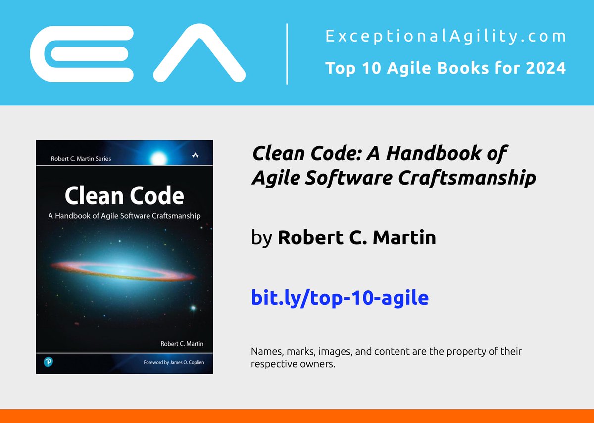 EA_x_AI's tweet photo. “Clean Code: A Handbook of Agile Software Craftsmanship” by Robert C. Martin
The highly acclaimed book is on our ‘Top 10 Agile Books for 2024’ list. Check out the details: https://t.co/UbM31d07Fe #Agile #Books #AgileBooks #CleanCode #Software #AgileSoftware #Code #Coding #Coder https://t.co/W3it6KYvTs