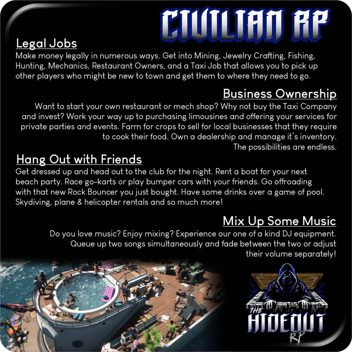 TheHideoutRP's tweet photo. Come check it out https://t.co/S8PpgBWdyY

#gta #gtaroleplay #fivem #fivemnewserver #fivemroleplay #fivemservers #fivemdeveloper #fivemdevelopment https://t.co/lLquLz6gYc