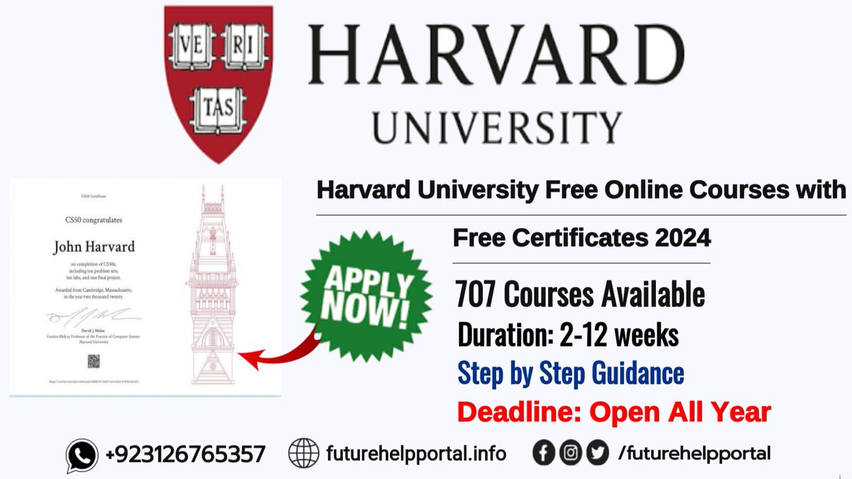 Futurehelbortal's tweet photo. You can check details about Harvard short courses at 👇 
https://t.co/JcVTC6Ivu0

#scholarship #opportunities #education #scholarships2024 #Visa #StudyVisa #FutureHelpPortal #shortcourse #harvard #harvarduniversity #study #certificate #free #freecertificate #freeshortcourses https://t.co/oab6sQb53q