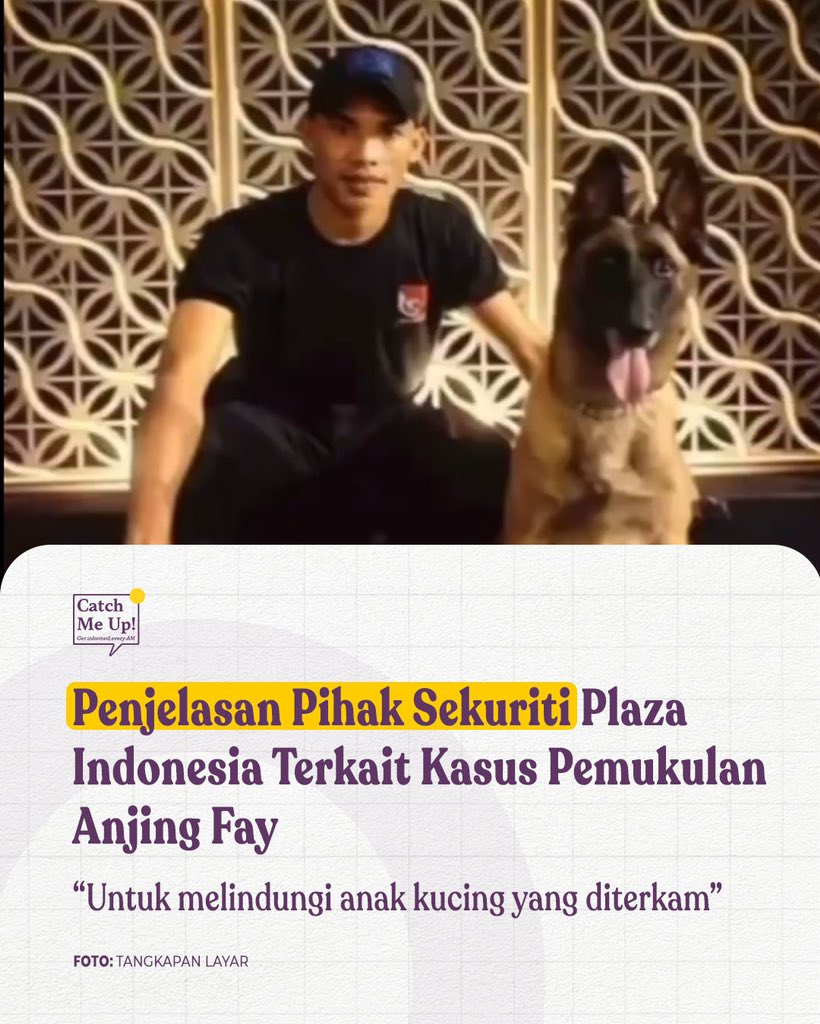 catchmeupco's tweet photo. Sekuriti Plaza Indonesia bernama Nasarius memberikan pejelasan terkait aksinya memukul Fay, anjiing penjaga Plaza Indonesia. Nasarius menyampaikan permohonan maaf dan mengaku memukul anjing Fay karena terpaksa agar berhenti menerkam anak kucing. 

“Saya sayang dia, dia anjing saya” kata Nasarius dalam sebuah unggahan video. 

Berdasarkan rekaman CCTV, Fay yang merupkan anjing Betina jenis Belgian Malionis berusia 2 tahun menggigit seekor anak kucing, sehingga Nasarius berupaya melepaskan anak kucing tersebut. 

Dalam pernyataan resmi, Pihak Plaza Indonesia telah menyatakan memutus hubungan kerja dengan vendor sekuriti K9 imbas pemukulan terhadap Fay.