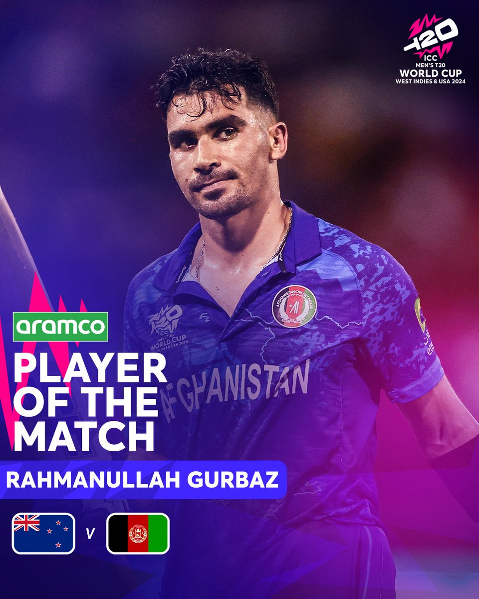 ICC's tweet photo. Continuing his red-hot form at #T20WorldCup 2024 👌 

Rahmanullah Gurbaz takes home the @aramco POTM award 🏅 https://t.co/nXOjOasxAA