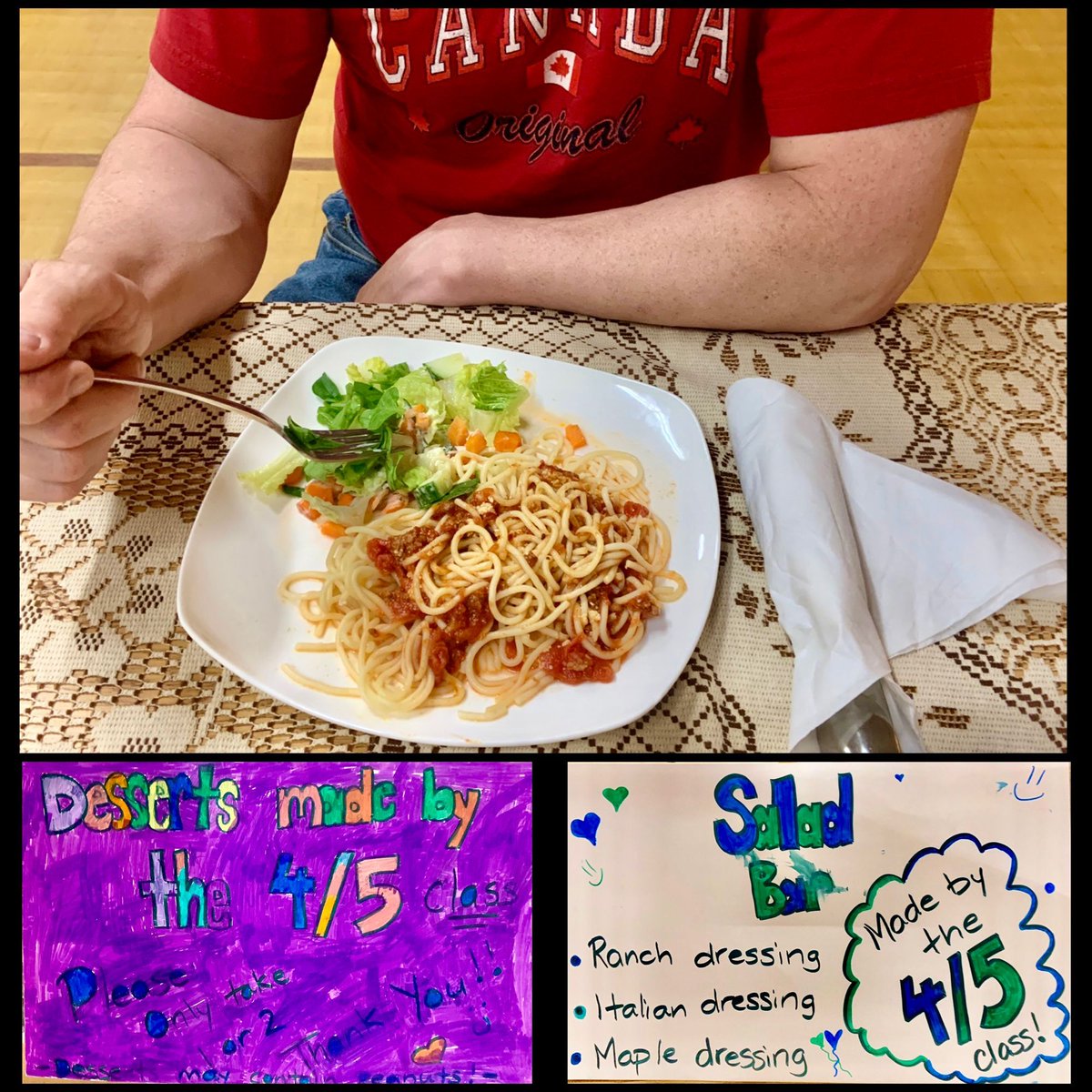 HappyPlaceGang's tweet photo. SCHOOL SPAGHETTI - BDG & I went to local public schoolโs Community Dinner. Spaghetti dinner was cooked, prepared & served by the Grade 4/5 class & their Teacher with help of school council, other staff & parents. Delicious. Job well done! #localevent #tgif #chefsintraining
- Mom https://t.co/0R7FCSRWXQ