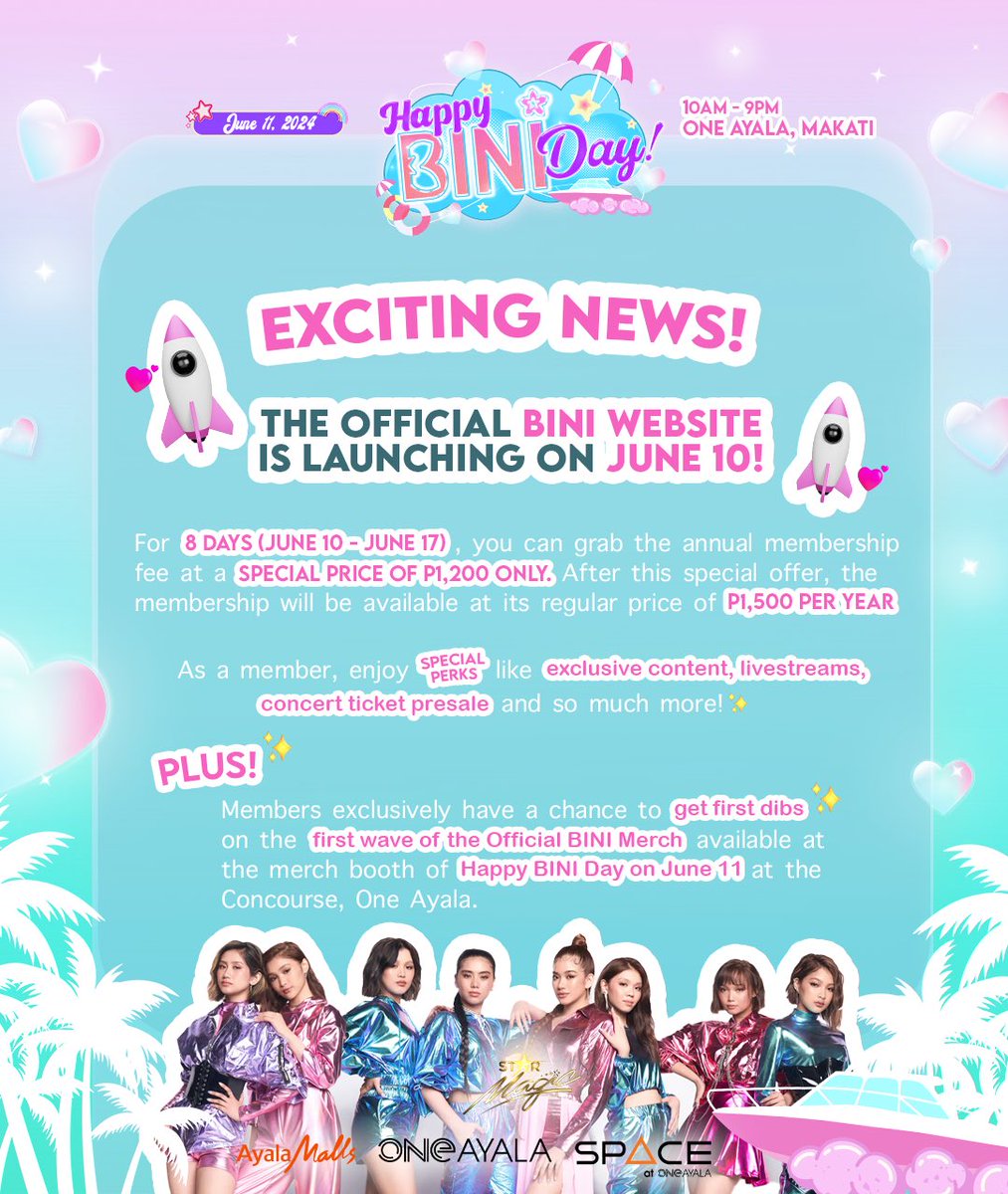 BINI_ph's tweet photo. #BINI : Soft launch ba kamo? Deeee, i-hard launch na agad natin ang launching ng official BINI WEBSITE this JUNE 10! 🥹✨

Ang daming perks ng pagiging exclusive website member! From our never-before-seen EYY-able contents, to getting first dibs on our official BINI merch!🌸 https://t.co/pkofGQBn6a