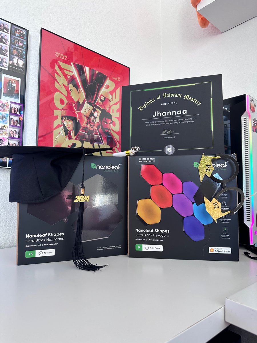 xjhannaa's tweet photo. I am now officially a certified Valorant Master thanks to @nanoleaf - we had so much fun opening up these graduation presents on stream &amp; I gave an acceptance speech on how to become a master like me!!! Congrats to all of my fellow Gamer Grads &amp; the class of 2024!!! 🥳#GamerGrad https://t.co/WGgAF8pkh1