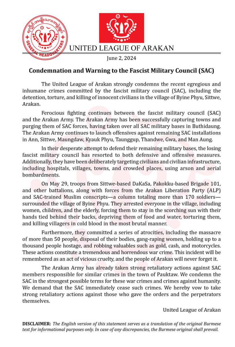 KhineThuKha's tweet photo. Condemnation and Warning to the Fascist Military Council (SAC)

#ULA 
#AA      

Website Link: https://t.co/7NA4rtq0zU
VK  Link: https://t.co/Vd91sZX9Jp
Telegram: https://t.co/O4pmEJN5T2 https://t.co/nc14iBz7Dw
