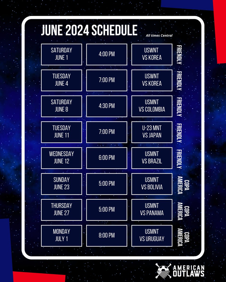 It's June. #USMNT and #USWNT bring us another Summer of Soccer.

Get ready for a whole new set of memories.

<a href="/RedZoneMadison/">The Red Zone Madison</a> will be showing all the senior USMNT games below (starting June 8th!), and we'll have big watch parties for the #CopaAmerica games that begin June 23rd.