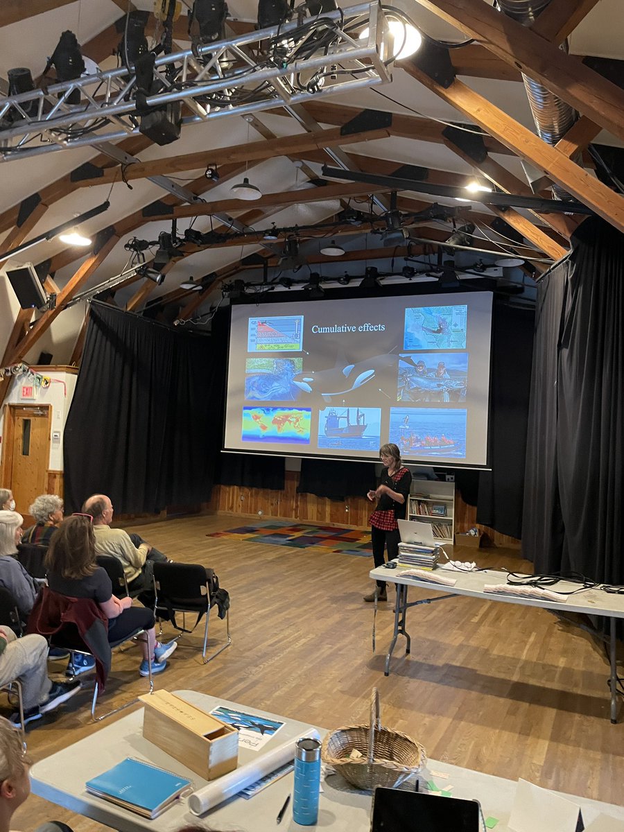Raincoast's tweet image. .@Raincoast fisheries biologist @Duffling discussing cumulative effects impacting #endangered Southern Resident killer #whales at the POD/Pender Conservancy Oceans Day event tonight on Pender Island.