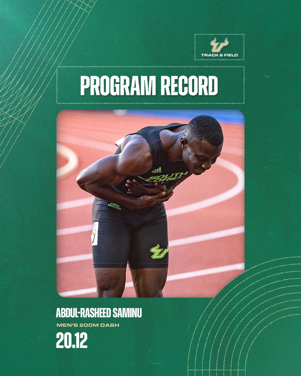 USFXCTF's tweet photo. Clutch.

Abdul-Rasheed Saminu finishes third and establishes a new South Florida standard in the men's 200m dash (20.12).

Saminu's time meets the qualifying standard for the Paris Olympics (20.16) in the biggest race of his career!

#HornsUp🤘 x #NCAATF 🏆 https://t.co/NXBBziZfFw