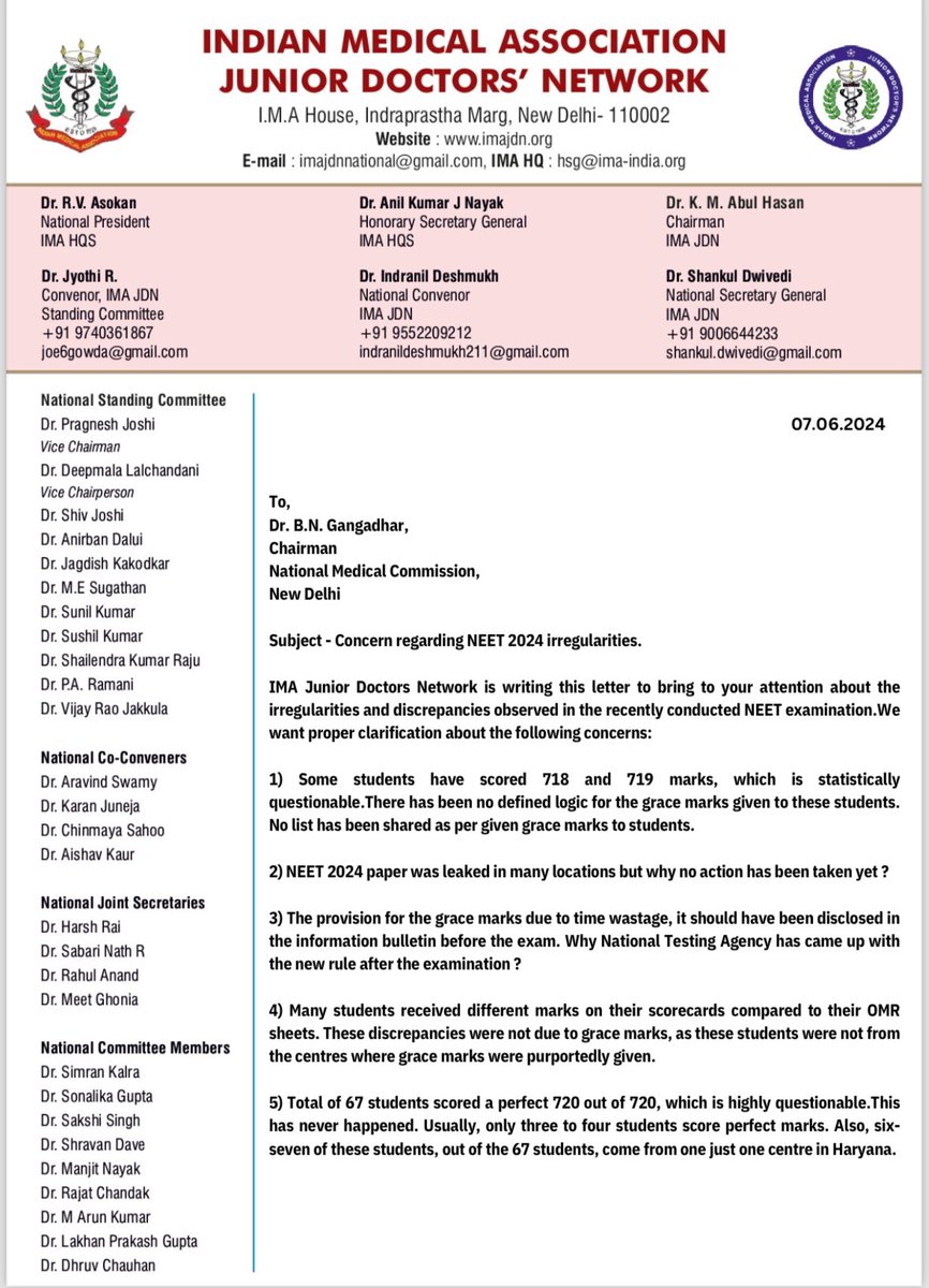 Indian__doctor's tweet photo. Press release of @IMAIndiaOrg 
in Support of #NEET aspirants with demands of CBI enquiry regarding ;
★NEET PAPER LEAK 
★67 Students perfect 720
★Grace marks provision 
★718/719 Marks
★Many students received different  scorecard compare to OMR
#NEET_परिक्षा_परिणाम #RENEET https://t.co/JC4JIYd6tj