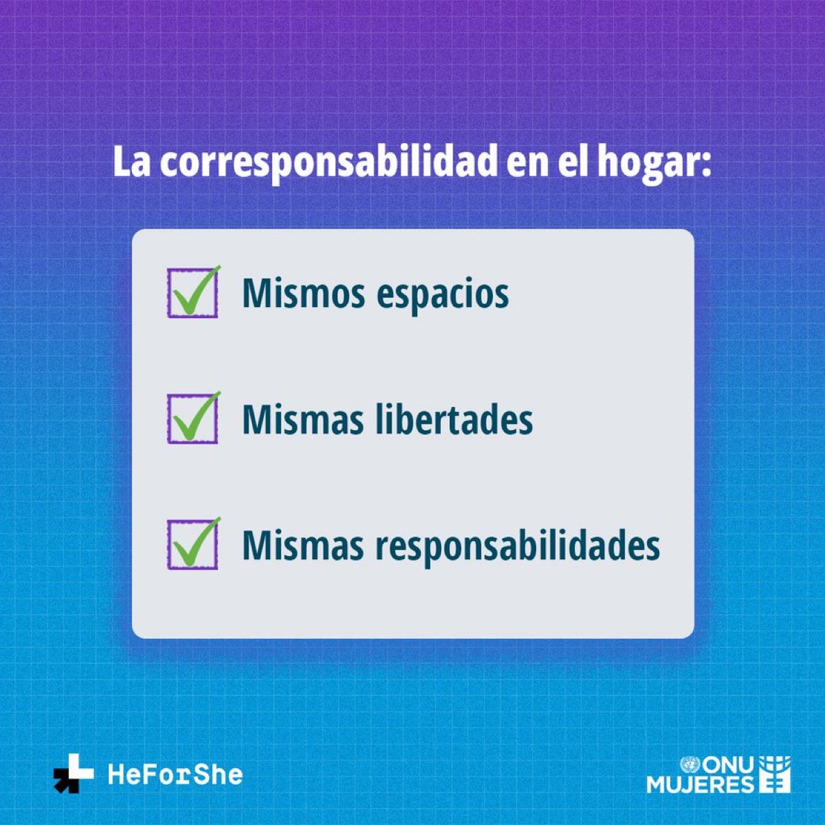 Sin #corresponsabilidad: 
✅ Se acentúan la desigualdades. 
✅ Se desvaloriza las tareas de cuidados. 
✅ Se invisibiliza el aporte de las mujeres al sostenimiento de la vida. 

#HablemosDeCuidados #HeForShe  <a href="/ONUMujeres/">ONU Mujeres</a>