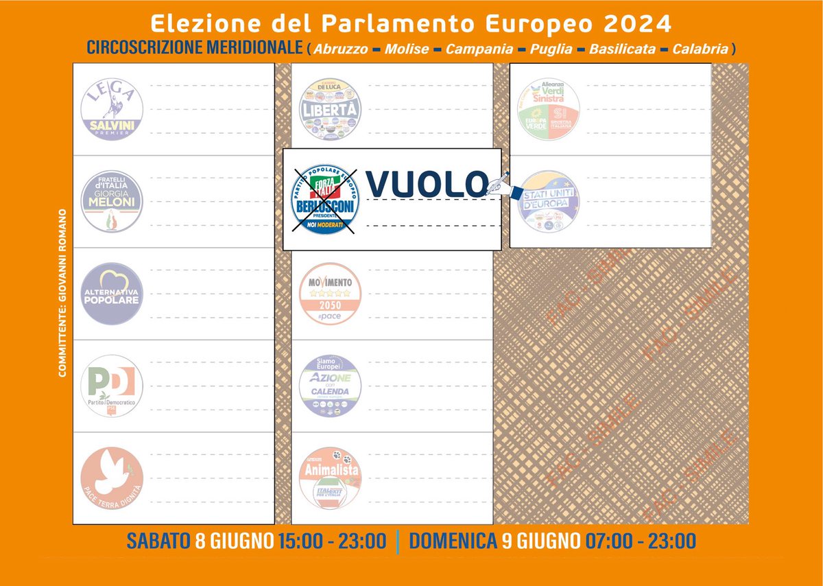 1. Porta documento di identità 
2. Porta tessera elettorale 
3. Prendi la scheda arancione 
4. Fai una croce sul simbolo di Forza Italia 
5. Scrivi VUOLO...
#VUOLO #LUCIAVUOLO 
#elezionieuropee