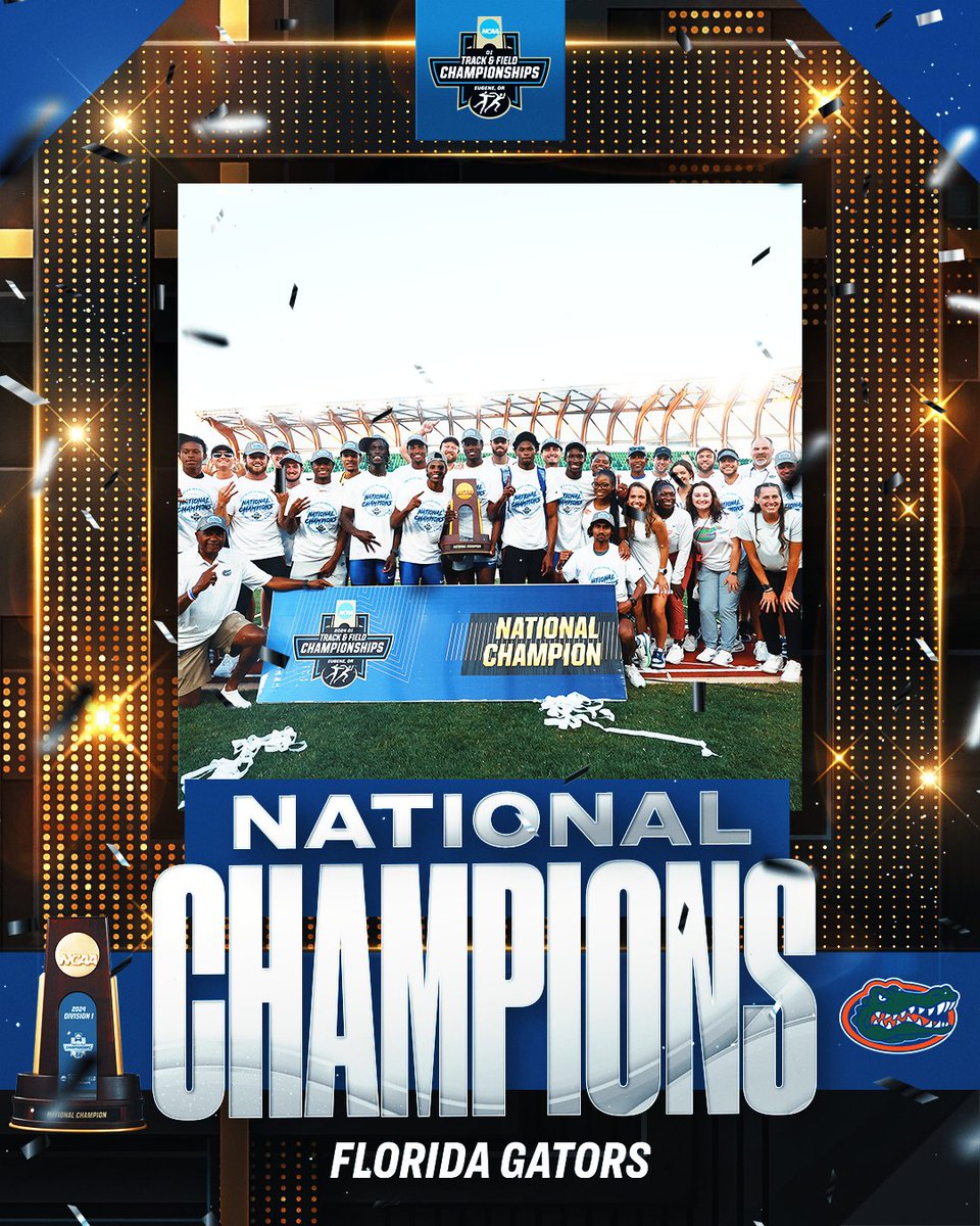 NCAATrackField's tweet photo. 🐊🏆 THREE-PEAT COMPLETE 🏆🏆

@GatorsTF is the 2024 DI Men's Outdoor Track and Field Champions!

#NCAATF https://t.co/3WMboI1XAP