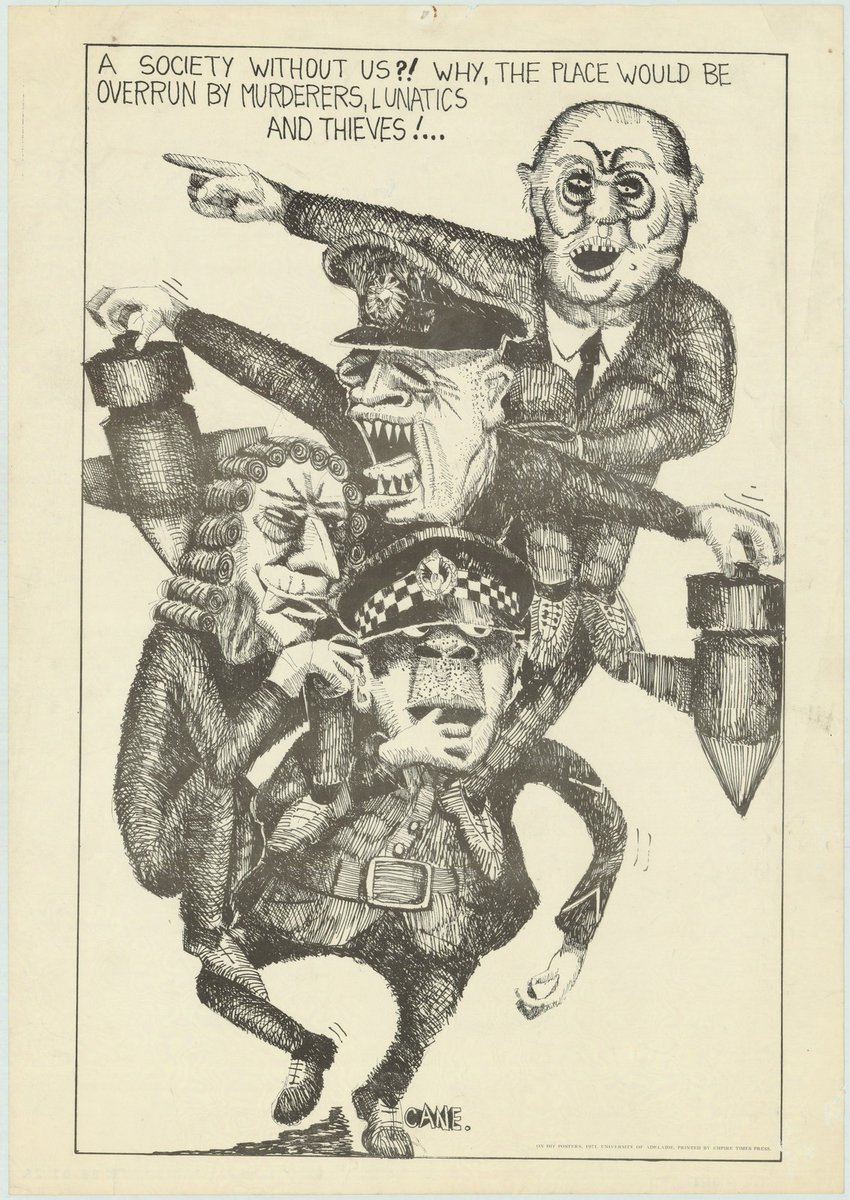 0zCommHistory's tweet photo. "A society without us?! Why, the place would be overrun by murderers, lunatics, and theives!..." 

Poster satirising police, lawyers, politicians - by Adelaide artist and cartoonist Jim Cane, 1971. https://t.co/jU6Z8GQzNT