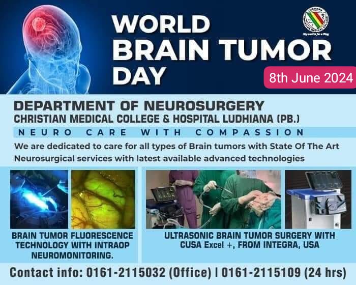 CMCLudhiana's tweet photo. 🧠World Brain Tumor Day 2024. 
Dept of Neurosurgery at CMC Ludhiana provides dedicated care for People who suffering from all types of Brain Tumors with latest state-of-the-art Neurosurgical services. 
☎️ 0161-2115000
🟢 +91 91151 03001 (WhatsApp)
https://t.co/12Up1oLvND https://t.co/btYDxjlhYu