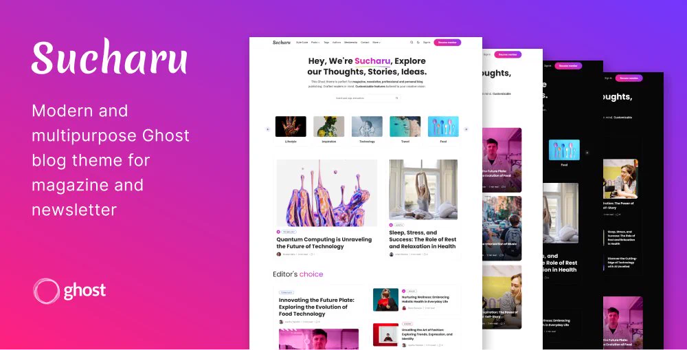 Sucharu Ghost theme - Multipurpose, suitable for personal and professional use, as well as for magazines, brand blogs, and newsletters.