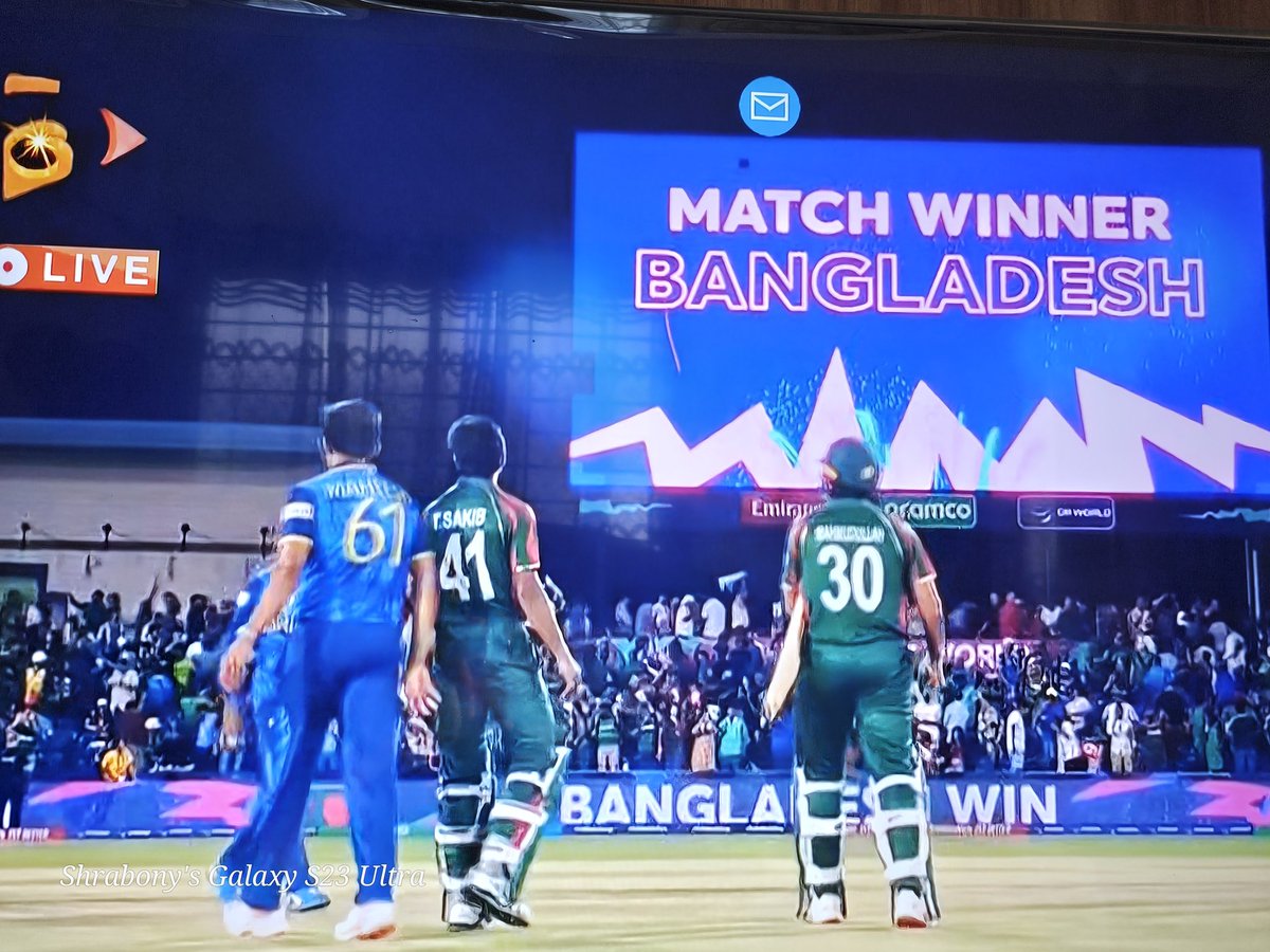 fansofsah75's tweet image. Alhamdulillah! 
Bangladesh won by 2 wickets (6 balls left)!

#BANvSL #T20WorldCup24
#SAH75 ❤️
