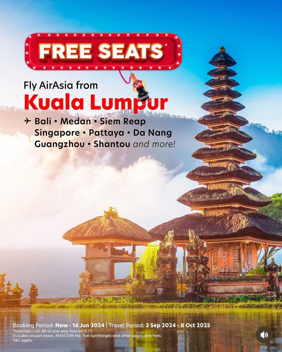 pmbrutiketmurah's tweet photo. AirAsia Free Seats telah berlangsung sekarang. 

Antara destinasi yang dihighlight: Penang, JB, Kota Kinabalu, Bali, Medan, Siem Reap, Pattaya, Manado, Xi’an, Chengdu, Perth, Osaka, Seoul, Almaty dan banyak lagi

✅ Tempoh promosi: Sekarang - 16 Jun 2024

✅ Tempoh penerbangan: 2 Sept 2024 - 8 Oktober 2025

🤟🏻Tiket penerbangan domestik serendah RM28 sehala all-in

🤟🏻 Tiket penerbangan antarabangsa serendah RM75 sehala all-in.