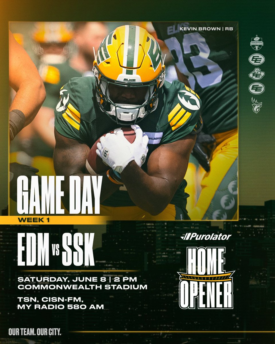 Season 75, inspired by greatness.

🕑 2:00 p.m. MT 
🏈 <a href="/sskroughriders/">Saskatchewan Roughriders</a>
🏟️ Commonwealth Stadium
📺 <a href="/TSN_Sports/">TSN</a>, <a href="/CFL/">CFL</a>+. <a href="/CBSSportsNet/">CBS Sports Network</a>
📻 <a href="/CISNCountry/">CISN Country 103.9</a>
🥫 <a href="/PurolatorInc/">Purolator 🇨🇦</a> Tackle Hunger

#OurTeamOurCity #GoElks #CFL