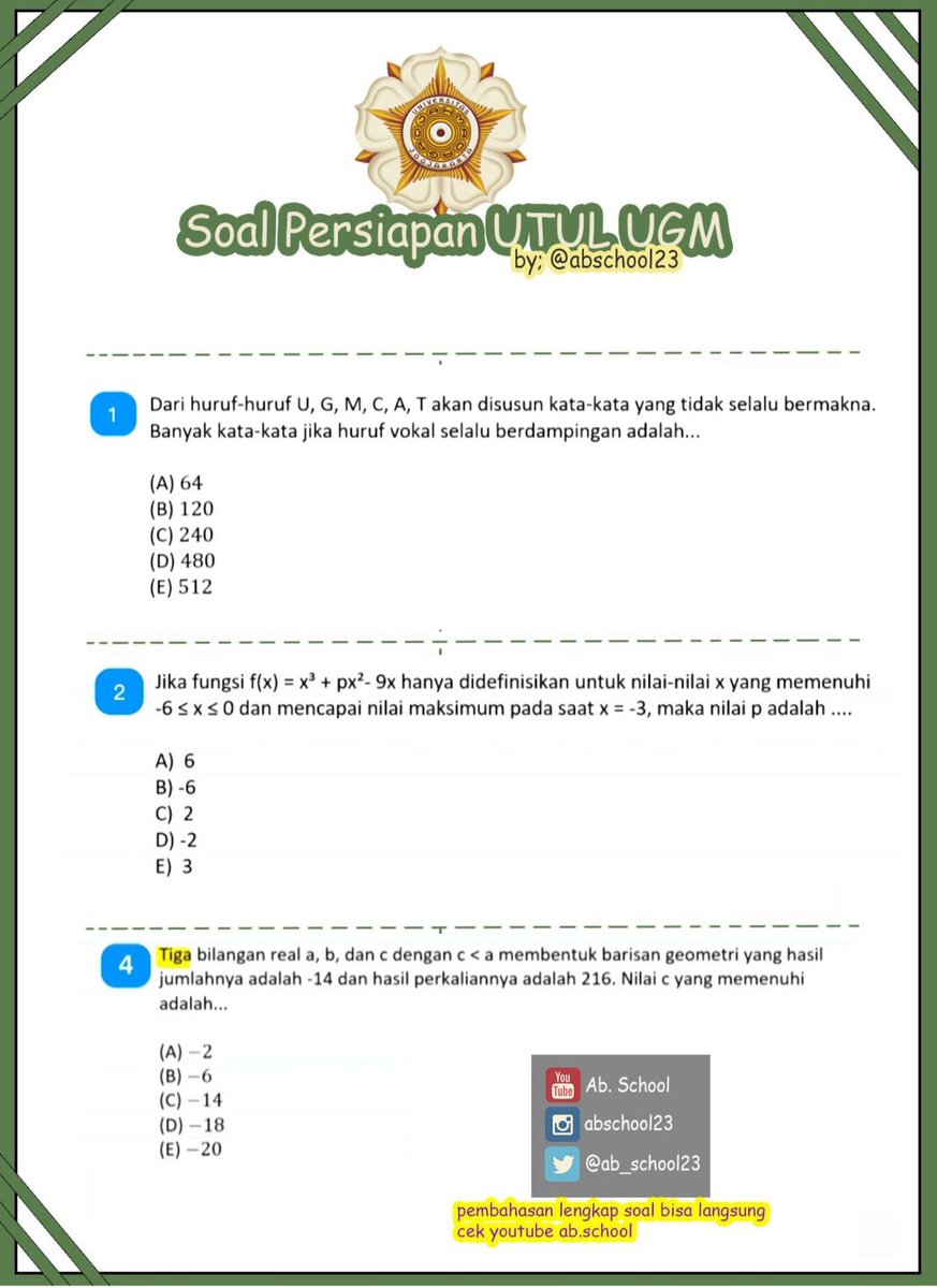 UM UGM 2024 Bag.2
Buat yang mau Tes Ujian Mandiri UGM (UM UGM), yuk latihan tipe soal-soal TKDU (Matematika Dasar) um ugm yg sering muncul ditahun² sebelumnya bagian 2! 
Untuk pembahasan lengkapnya bisa langsung cek kesini youtu.be/wxapXuqgMQc?si…