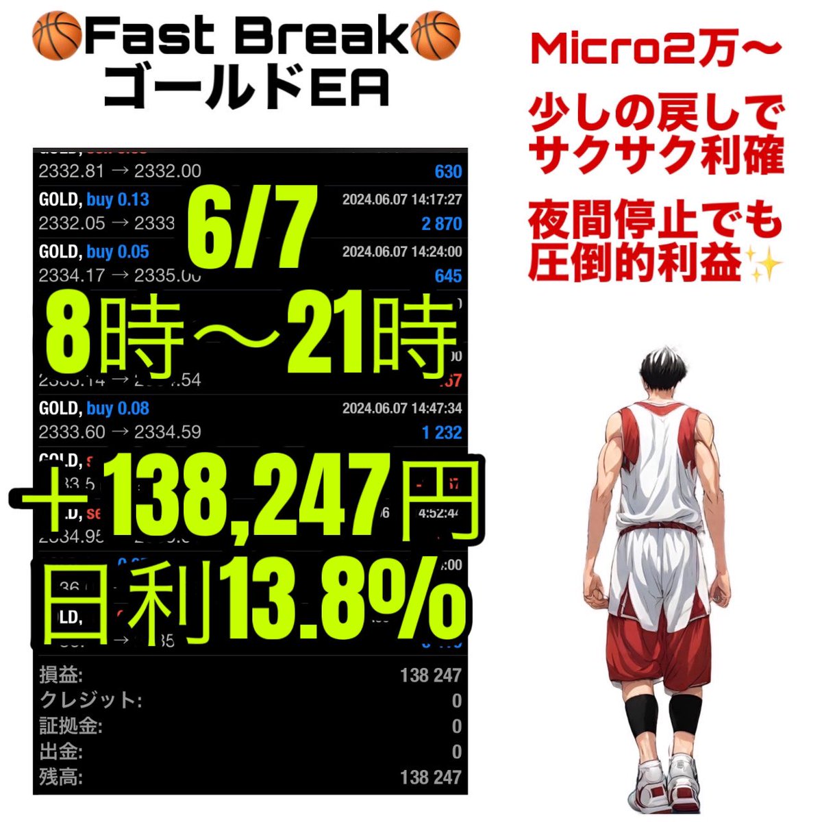 🔥まずは副収入＋5万を目指そう🔥

⭐️マイクロ対応2万から可
⭐️サクサク利確
⭐️夜間停止でも月利100%〜可

🏀Fast Break🏀ゴールドEA
【6/6】8時〜21時　順張り
＋138,247円  🔥日利13.8%

EAオプチャで無料配布中✨
↓
is.gd/HXcUOo

自動売買/ゴールド/ドル円/爆益/副業/BTC/為替介入
#ad