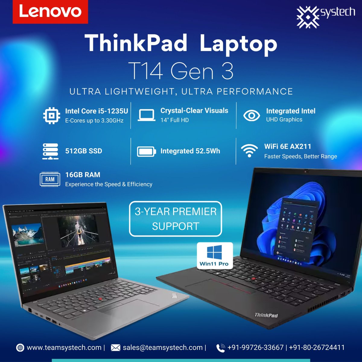 TeamSystech's tweet image. Experience the future with ThinkPad T14 Gen 3! Loaded with Windows 11 Pro, it ensures security, productivity, and app integration. Stay connected with WiFi 6E AX211 for faster speeds wherever you work.

#ThinkPadT14 #Windows11 #FutureTech