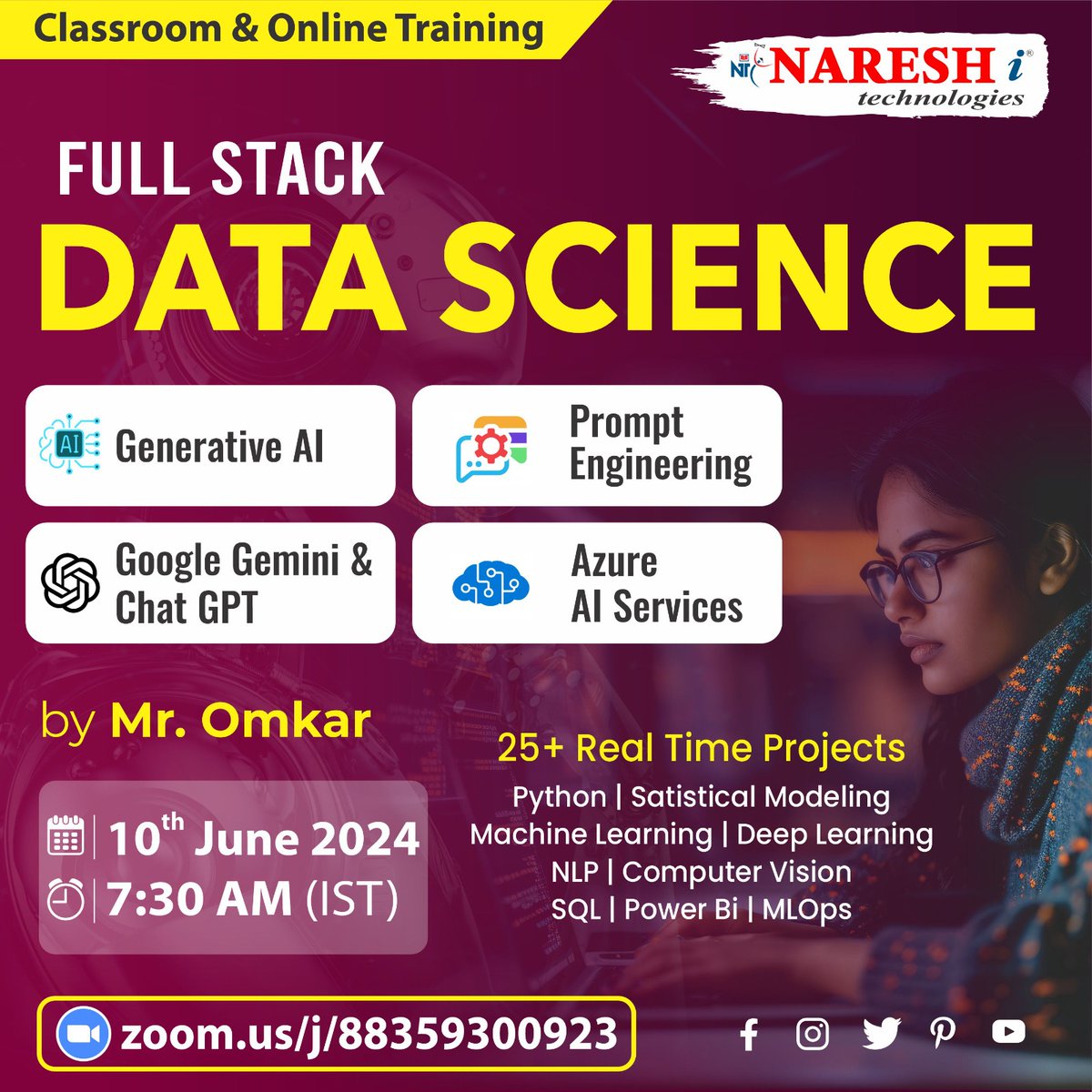 tejariya12's tweet image. Enroll Now:bit.ly/3KuLsoU
Attend a Free Demo On Full Stack Data Science & AI by Mr.Omkar .
Demo On: 10th June @ 7:30 AM (IST)
For More Details:
Visit: nareshit.com/new-batches
#Fullstackdatascience #ai #machinelearning #python #chatgpt #sql #Database #Dataanalyst #it #