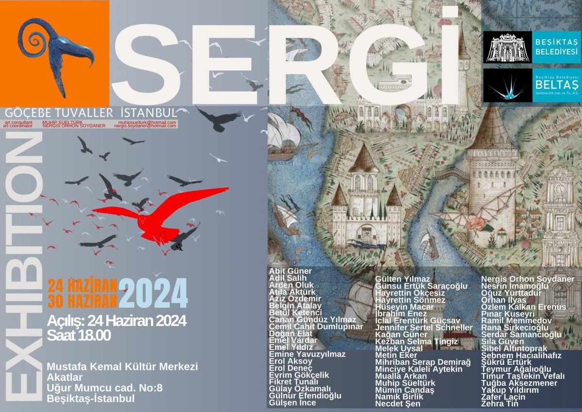 “Dünden Kalanlar” ile 24-30 Haziran 2024 tarihleri arasında GÖÇEBE TUVALLER Uluslararası Bağımsız Sanatçılar Topluluğu sergisindeyim.
Sanat Danışmanı: Muhip Süeltürk
Sanat Koordinatörü: Nergis Orhon Soydaner
MUSTAFA KEMAL KÜLTÜR MERKEZİ 
Akatlar, Uğur Mumcu Cad. No:8 Beşiktaş-İst