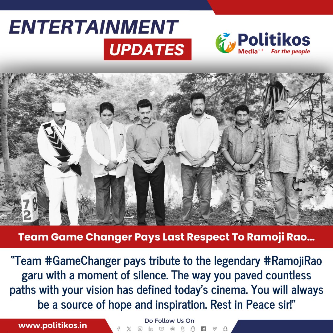 imwpolitikos's tweet photo. Team Game Changer Pays Last Respect To Ramoji Rao…
#Politikos
#PolitikosEntertainment
#GameChanger
#RamojiRaoGaru
#RamCharan
#RestinPease
#Tribute
#RIPRamojiRao
#MediaLegend
#LegacyLivesOn
#RamojiFilmCity https://t.co/mnm7SgspWi