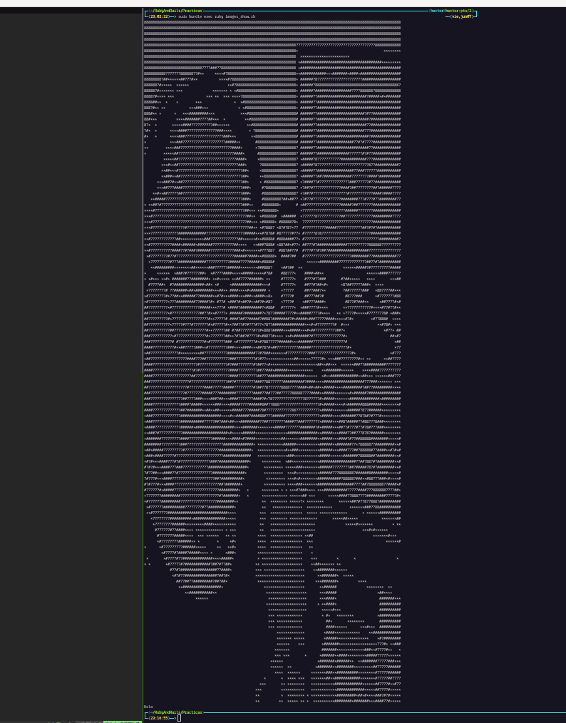 Usando un pequeño script escrito en Ruby (que yo mismo programe), logre imprimir una imagen en mi terminal, usando, solamente codigo ASCII #RubyProgrammingLanguage #Debian #Linux #Terminal