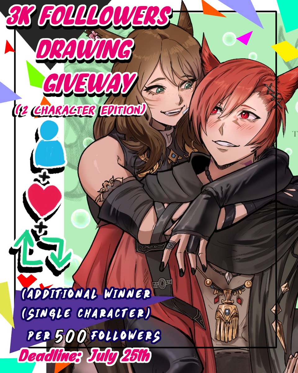 Thank you for your support once again!.  
I will offer a half body/full color pic feat. TWO characters.

Rules: 
💚Must be a follower of @/TexFF14 
💚 like &amp; rt  
💚Post a pic of your char
💚Spam/G1veaway acc or unfollowers after raffle will be blocked. 
Good luck! 🥠